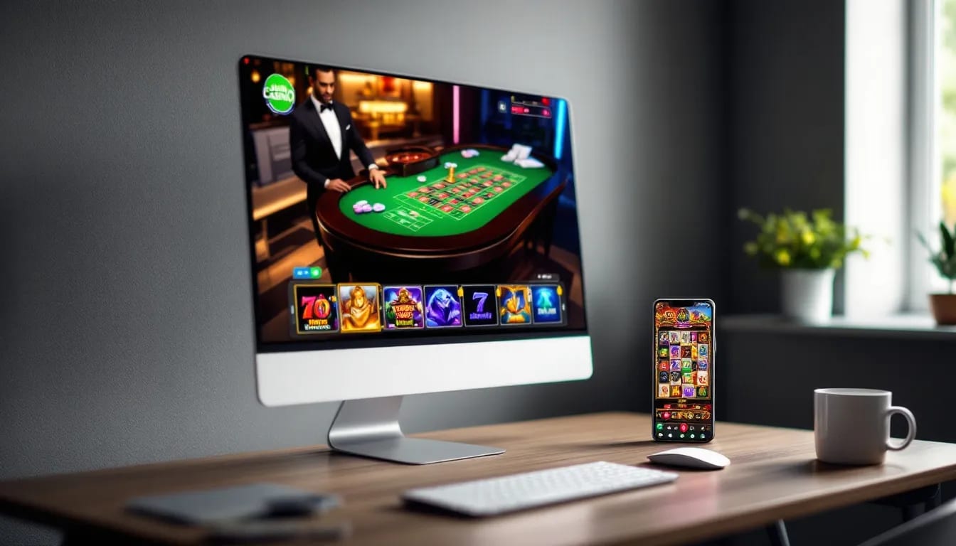 The image displays a variety of online casino games showcased on both computer and mobile screens, highlighting the diverse gaming options available in ārzemju kazino. This visual representation emphasizes the convenience of accessing games like spēļu automātu and the potential for bezmaksas griezieni and kazino bonuss while playing online.