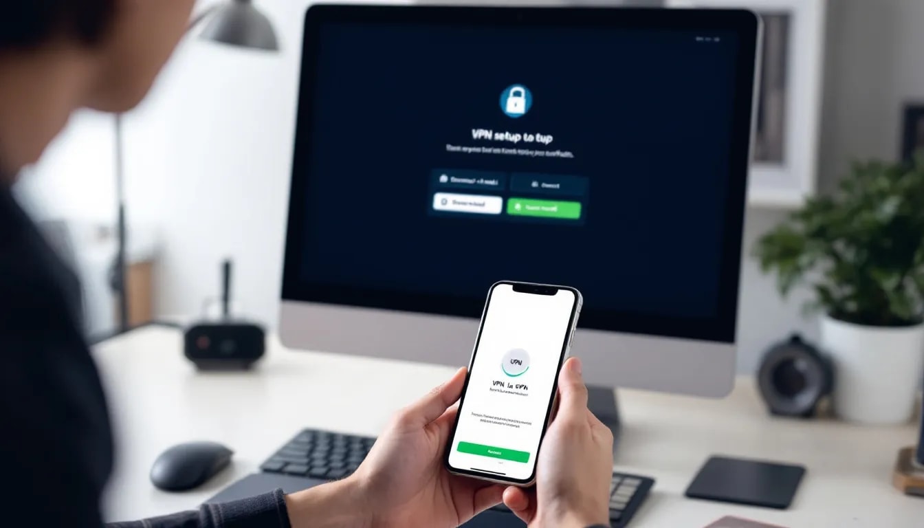 The image depicts the VPN setup process on both a computer and a smartphone, showcasing the steps involved in connecting securely to an online network. This setup is essential for accessing ārzemju kazino online and ensuring privacy while enjoying kazino spēļu.