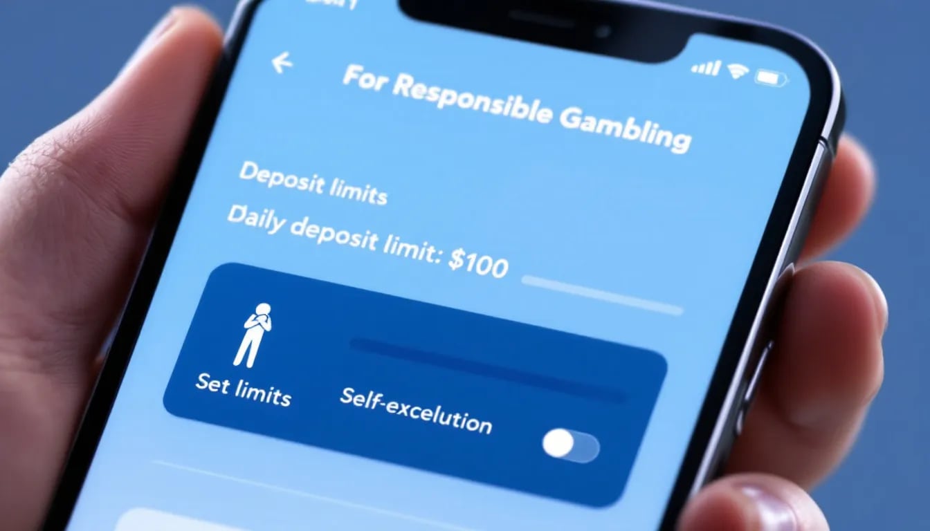 The image displays a mobile interface showcasing responsible gambling tools and limits, designed to help users manage their gaming activities. It emphasizes features such as setting deposit limits and utilizing bonuses, including bezmaksas griezieni and bezriska griezieni, to promote safer gaming practices in online kazino.