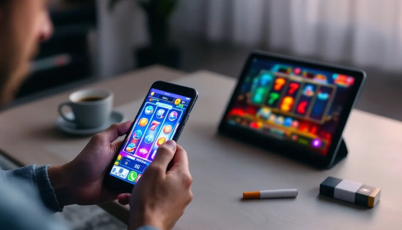 The image depicts mobile casino gaming on both a smartphone and a tablet, showcasing the convenience of playing at online casinos. It highlights how players can enjoy a wide range of games, including slots, with features like bezmaksas griezieni and kazino bonuss available at ārzemju kazino.