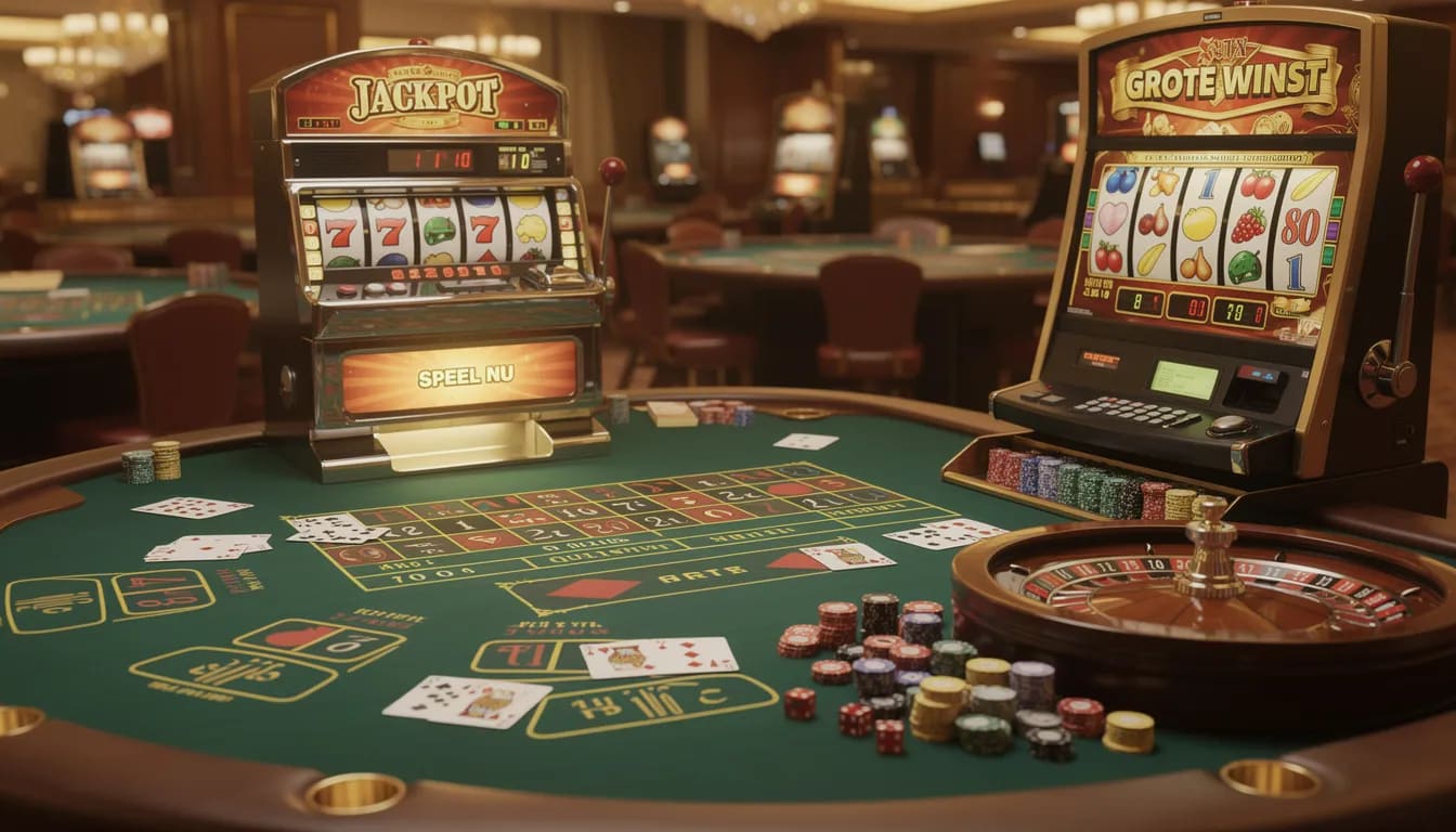 Een tafel vol met verschillende casino spellen en slotmachines, waar spelers hun geluk beproeven. Deze spellen zijn typerend voor een buitenlands casino, met een aantrekkelijk spelaanbod en de mogelijkheid om royale bonussen te winnen.