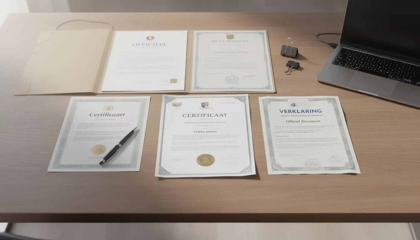 Een bureau bedekt met officiële documenten en certificaten, waaronder licenties van buitenlandse casino's zoals de Malta Gaming Authority. Deze documenten zijn essentieel voor het waarborgen van de betrouwbaarheid van buitenlandse goksites en online casino's.
