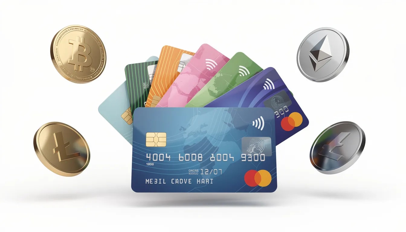 Een verzameling van diverse betaalkaarten en cryptocurrency-symbolen ligt op een tafel, wat de verschillende opties voor financiële transacties in buitenlandse online casino's illustreert. Deze symbolen vertegenwoordigen zowel traditionele als moderne betaalmethoden, zoals e-wallets en crypto, die beschikbaar zijn bij betrouwbare buitenlandse aanbieders.