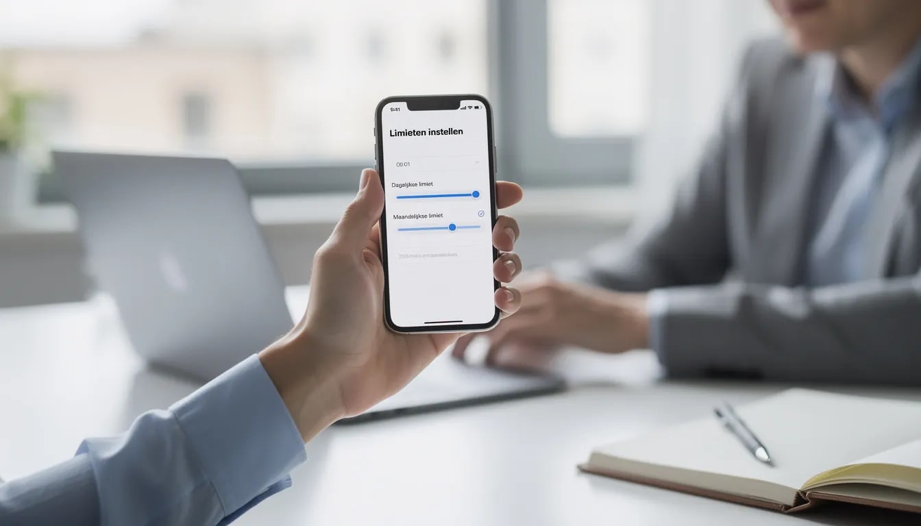 Een persoon is bezig met het instellen van limieten op een mobiele applicatie voor verantwoord gokken, mogelijk gerelateerd aan een buitenlands online casino. De interface toont opties voor het beheren van speelgedrag, wat belangrijk is voor het bevorderen van veilig gokken op buitenlandse goksites.