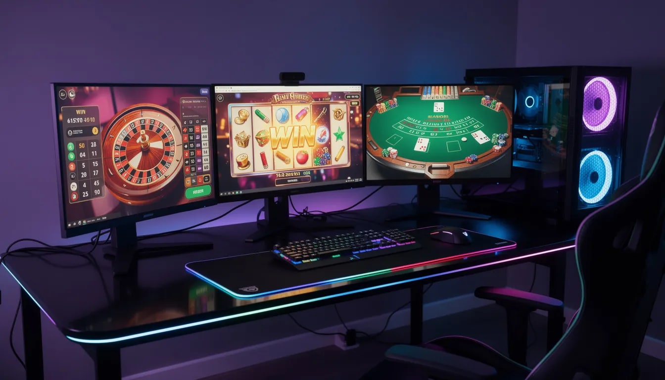 Immagine di un moderno setup di gioco da casinò, con più monitor che mostrano vari giochi da casinò online, inclusi slot machine e giochi da tavolo. Questo ambiente è ideale per i giocatori che cercano un'esperienza di gambling immersiva nei migliori casinò online non AAMS.