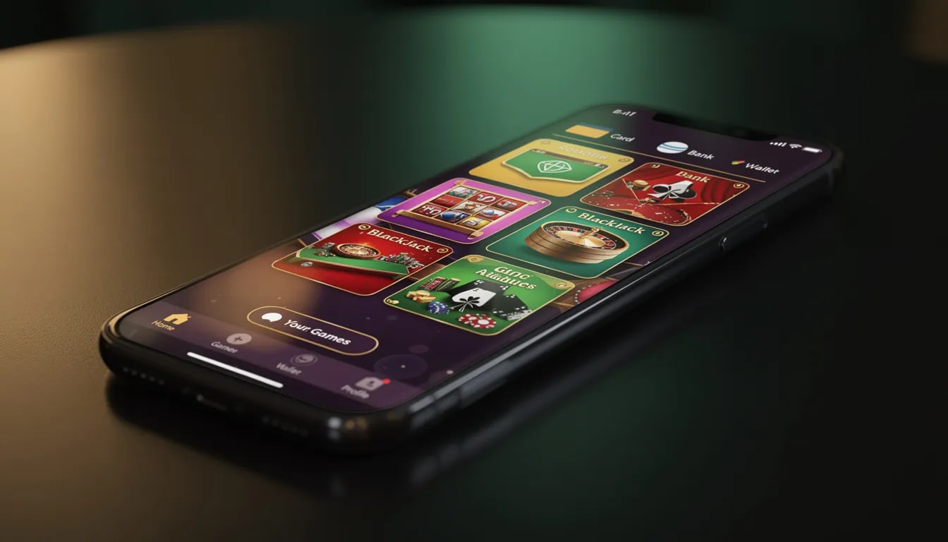 L'immagine mostra uno smartphone con l'interfaccia di un'app di casinò online, che presenta una varietà di giochi come slot machine e giochi da tavolo, oltre a opzioni di pagamento sicure e promozioni per i giocatori, come bonus di benvenuto e giri gratuiti. Questo design è pensato per offrire un'esperienza di gioco accessibile e coinvolgente.