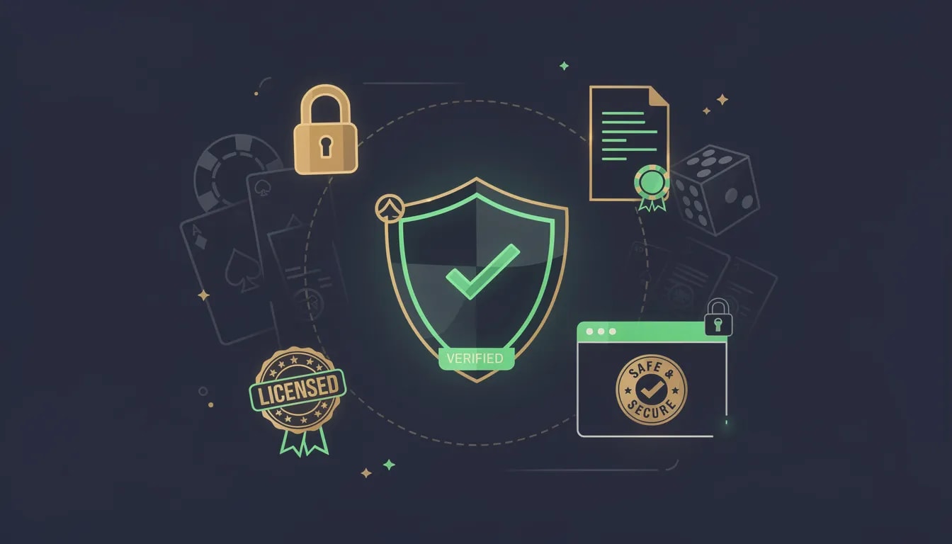 L'immagine presenta simboli di sicurezza e icone di verifica delle licenze, rappresentando la sicurezza nei casinò online. Questi elementi sono essenziali per garantire un'esperienza di gioco sicura per i giocatori nei migliori casinò non AAMS.