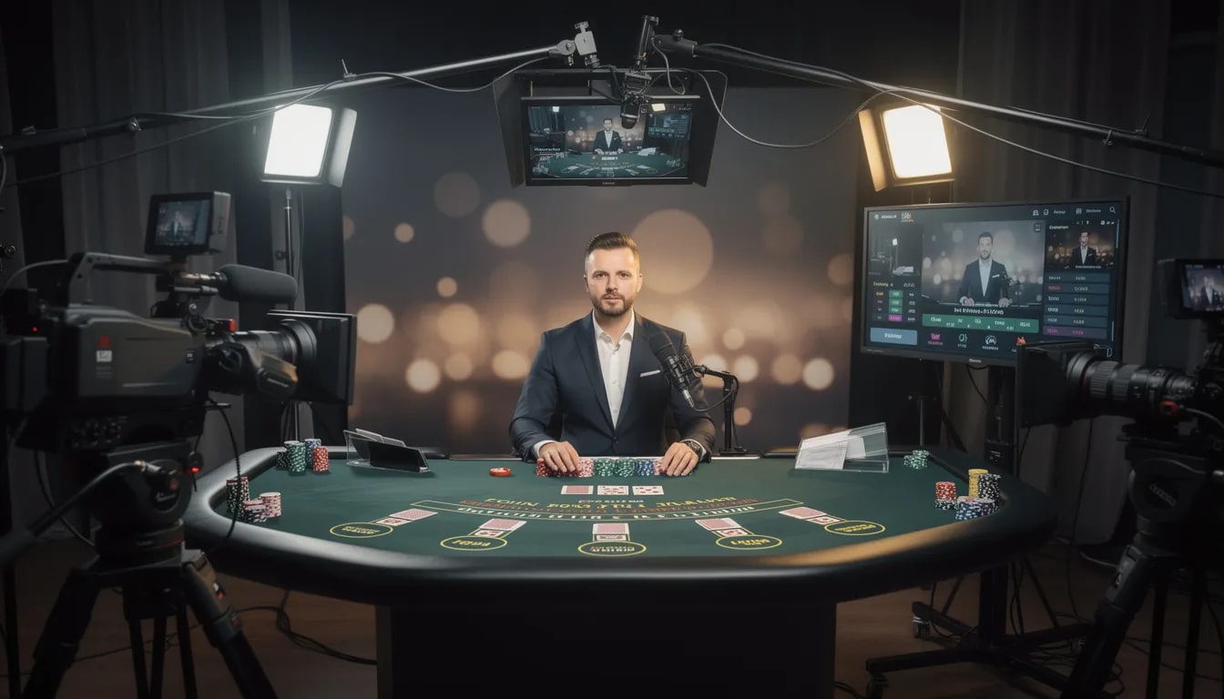 Immagine di un setup di live casino con dealer professionisti e telecamere HD, che catturano l'azione dei giochi da tavolo in tempo reale. L'ambiente è elegante e ben illuminato, creando un'atmosfera coinvolgente per i giocatori che partecipano online.