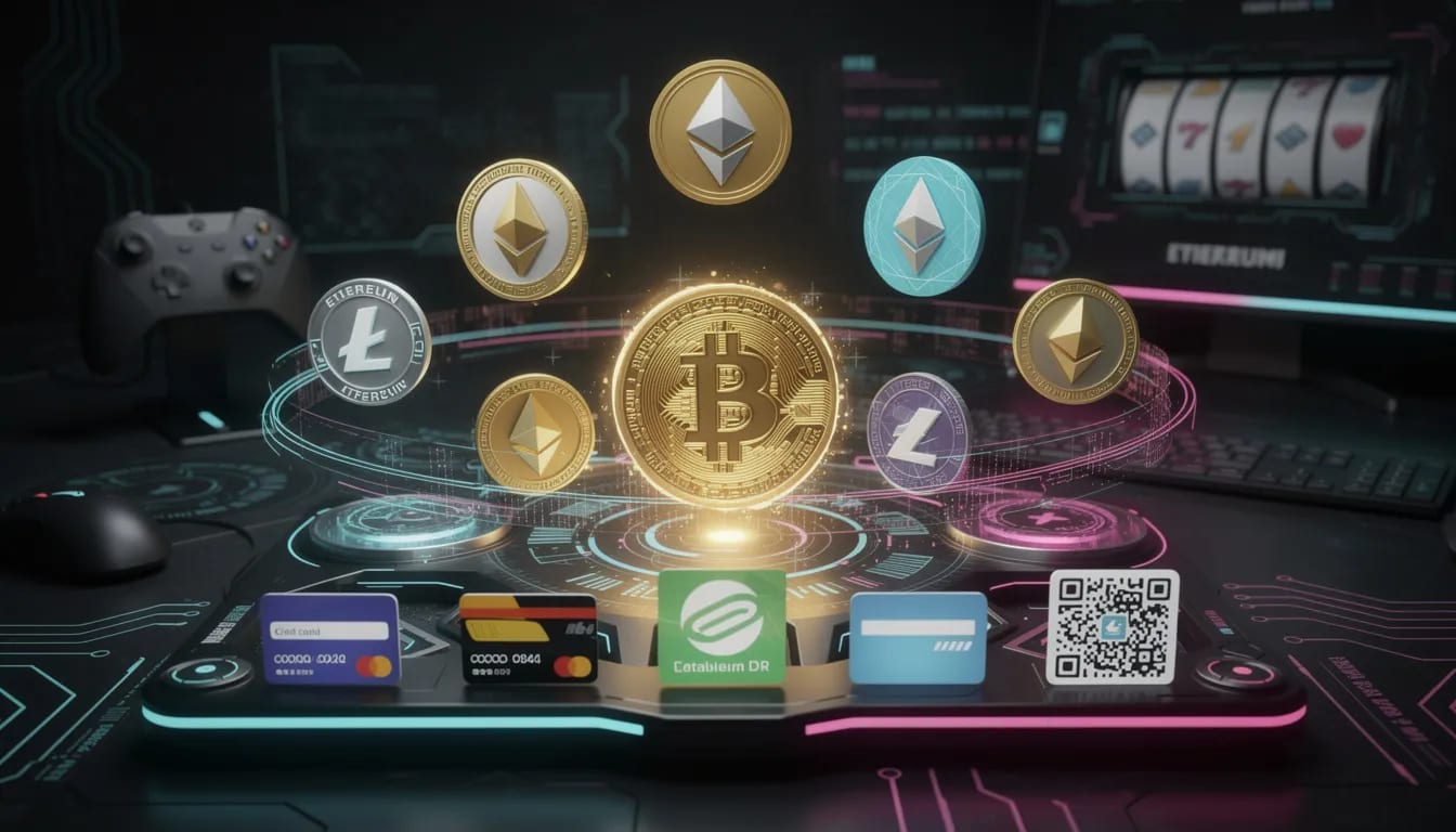 L'immagine rappresenta vari simboli delle criptovalute e metodi di pagamento digitali utilizzati nel gioco online, evidenziando l'importanza delle transazioni sicure nei casinò online. Si possono notare riferimenti a bonus e promozioni, rendendo l'esperienza di gioco più allettante per i giocatori nei casinò non AAMS.