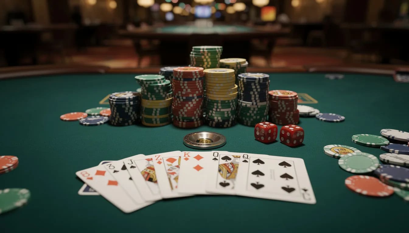 Auf einem grünen Spieltisch sind Pokerchips und Spielkarten ausgebreitet, die eine typische Casino-Atmosphäre vermitteln. Dieses Setup erinnert an die aufregenden Spiele in online Casinos, wo Spieler ohne Limit ihr Glück versuchen können.