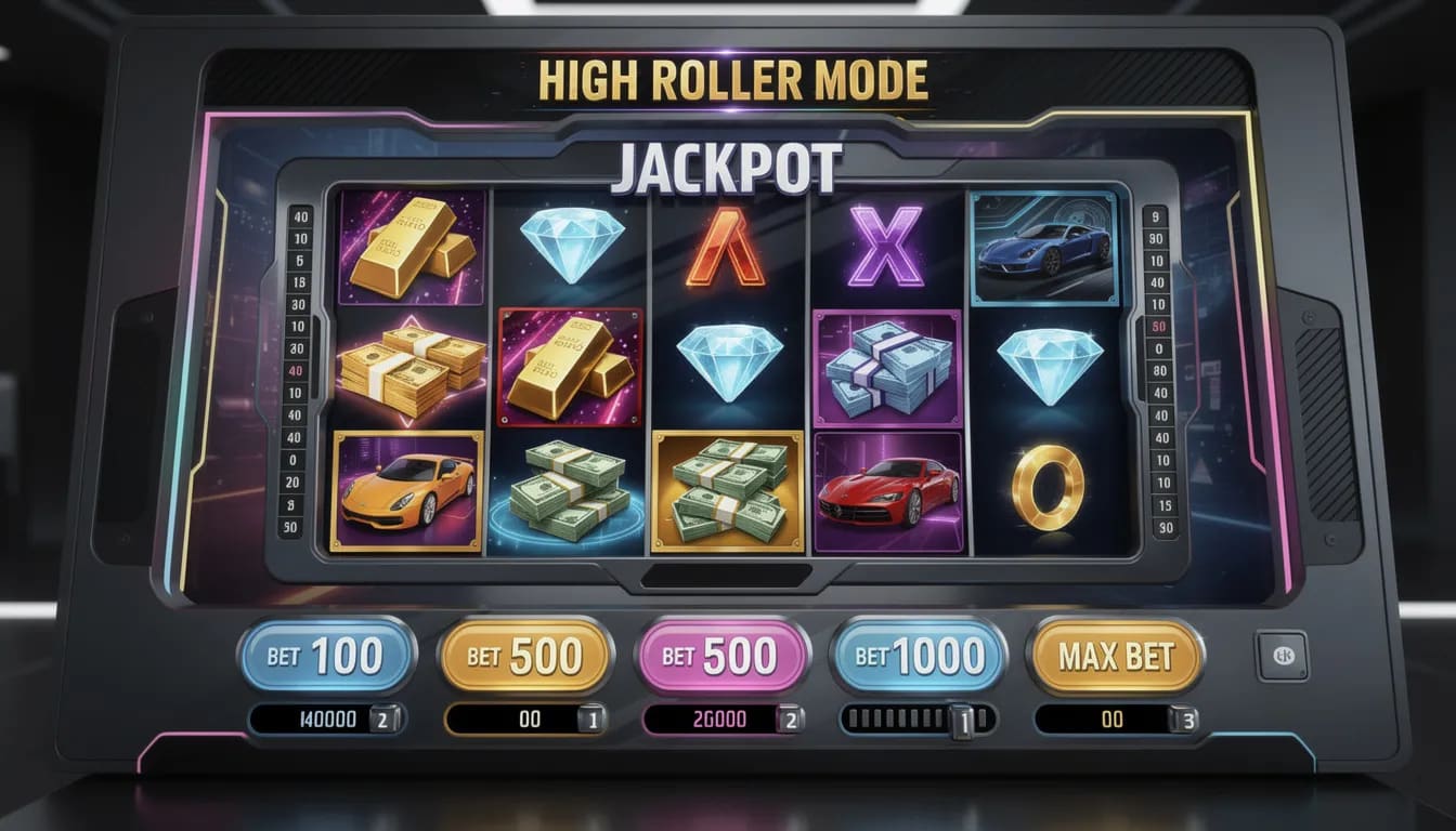 Das Bild zeigt eine moderne Slotmaschinen-Oberfläche mit hohen Wettmöglichkeiten, die ein aufregendes Spielerlebnis in einem Online-Casino ohne Limit vermittelt. Die grafische Darstellung umfasst bunte Symbole und eine benutzerfreundliche Navigation, die den Nervenkitzel des Glücksspiels unterstreicht.