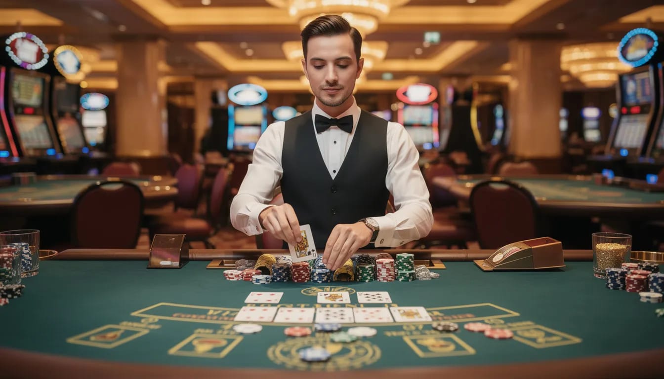Ein Live-Dealer steht an einem Casino-Tisch, umgeben von Karten und Chips, während Spieler gespannt auf ihre Einsätze warten. Diese Szene vermittelt das authentische Casino-Feeling, das man auch in modernen Online-Casinos erleben kann.