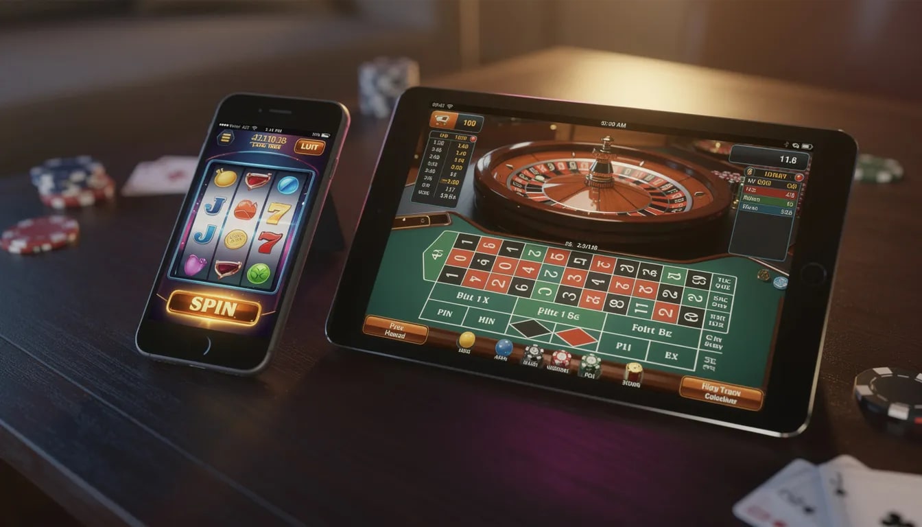 Das Bild zeigt einen Spieler, der auf seinem Smartphone und Tablet in einem Online-Casino ohne Limit spielt. Die Geräte sind mit bunten Spielautomaten und Live-Casino-Spielen auf dem Bildschirm dargestellt, was das aufregende Casino-Feeling vermittelt.