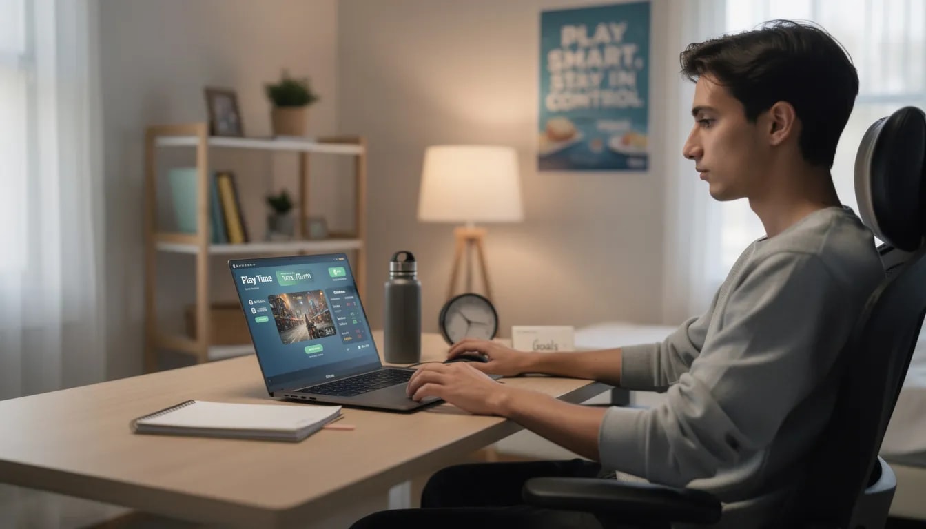 Eine Person sitzt an einem Tisch zu Hause und nutzt einen Laptop, um verantwortungsbewusst in einem Online Casino zu spielen. Der Raum ist hell erleuchtet und vermittelt ein angenehmes Casino-Feeling, während der Spieler auf sichere Zahlungsmethoden und die Einhaltung von Einsatzlimits achtet.