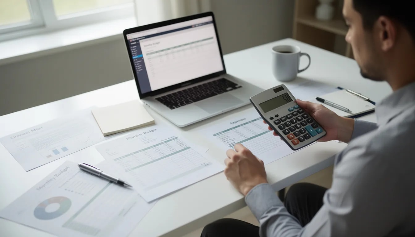 Eine Person sitzt an einem Computer und arbeitet mit einem Taschenrechner sowie Dokumenten, die eine verantwortungsvolle Budgetplanung zeigen. Diese Szene verdeutlicht die Wichtigkeit von finanzieller Sicherheit und Planung, besonders im Kontext von Online-Casinos, wo Spieler oft auf Budgetgrenzen achten sollten.