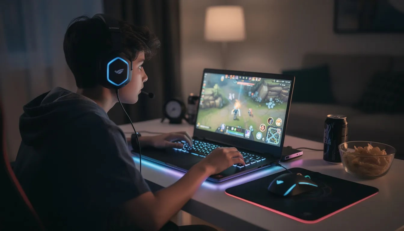 Ein Spieler sitzt mit einem Laptop und konzentriert sich auf das Online-Gaming, während er in einem virtuellen Casino ohne Lizenz spielt. Die Atmosphäre ist angespannt, da er auf große Gewinne hofft und die verschiedenen Casino Spiele erkundet.