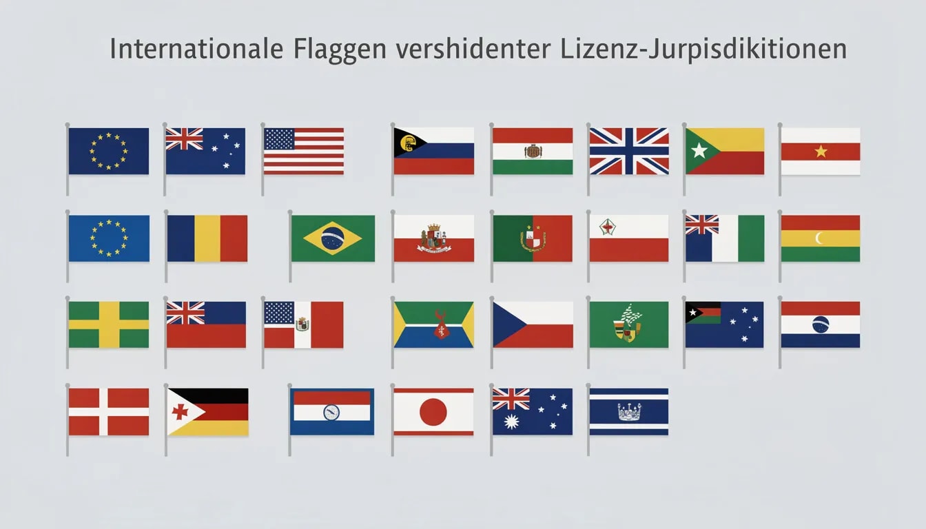 Das Bild zeigt eine Ansammlung internationaler Flaggen, die verschiedene Lizenz-Jurisdiktionen repräsentieren, die für online Casinos relevant sind. Diese Flaggen symbolisieren die Vielfalt der Anbieter und die unterschiedlichen rechtlichen Rahmenbedingungen im Bereich des Glücksspiels, einschließlich der Diskussion um casino ohne deutsche lizenz.