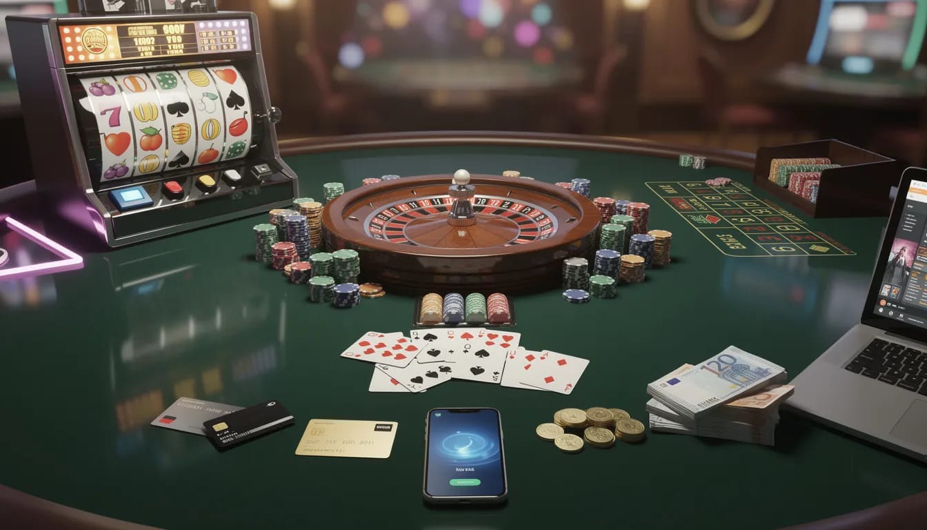 Das Bild zeigt eine Auswahl verschiedener Casino-Spiele, darunter Spielautomaten und Live-Spiele, sowie eine Übersicht der gängigen Zahlungsmethoden, die in Online-Casinos ohne Lizenz angeboten werden. Die Darstellung vermittelt die Vielfalt der Spiele und die verschiedenen Optionen für Einzahlungen und Auszahlungen, die Spielern zur Verfügung stehen.