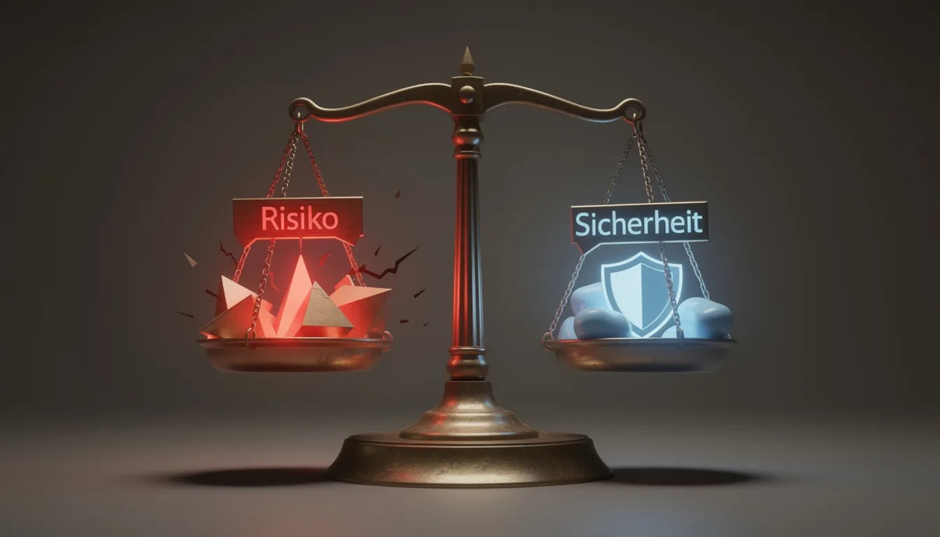 Das Bild zeigt eine Waage, die symbolisch die Balance zwischen Risiko und Sicherheit im Glücksspiel darstellt. Auf der einen Seite sind Spielchips und ein Casino ohne Lizenz abgebildet, während auf der anderen Seite ein sicherer Glücksspielanbieter und eine Lizenz zu sehen sind, was die Wichtigkeit der Sicherheit in Online Casinos verdeutlicht.