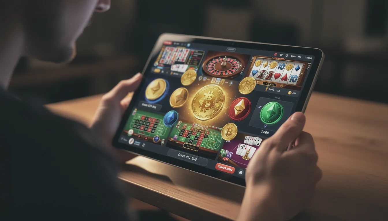 Eine Person spielt auf einem Tablet verschiedene Casino-Spiele, während Kryptowährung-Symbole sichtbar sind. Die Szene vermittelt ein modernes Spielerlebnis in der Welt der Online-Casinos, die ohne Lugas auskommen.