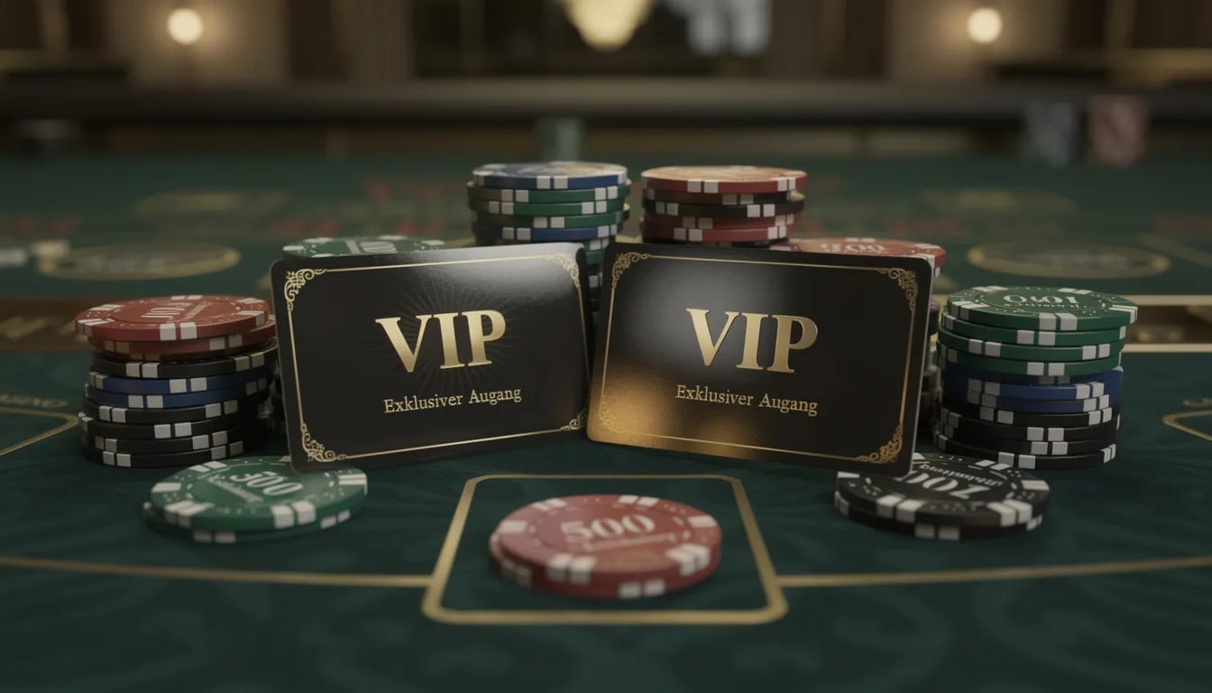 Auf einem eleganten Spieltisch liegen VIP-Karten und bunte Casino-Chips, die ein luxuriöses Spielerlebnis symbolisieren. Diese Darstellung vermittelt das Ambiente eines Live-Casinos, in dem Spieler spannende Aktionen und Gewinnchancen genießen können.