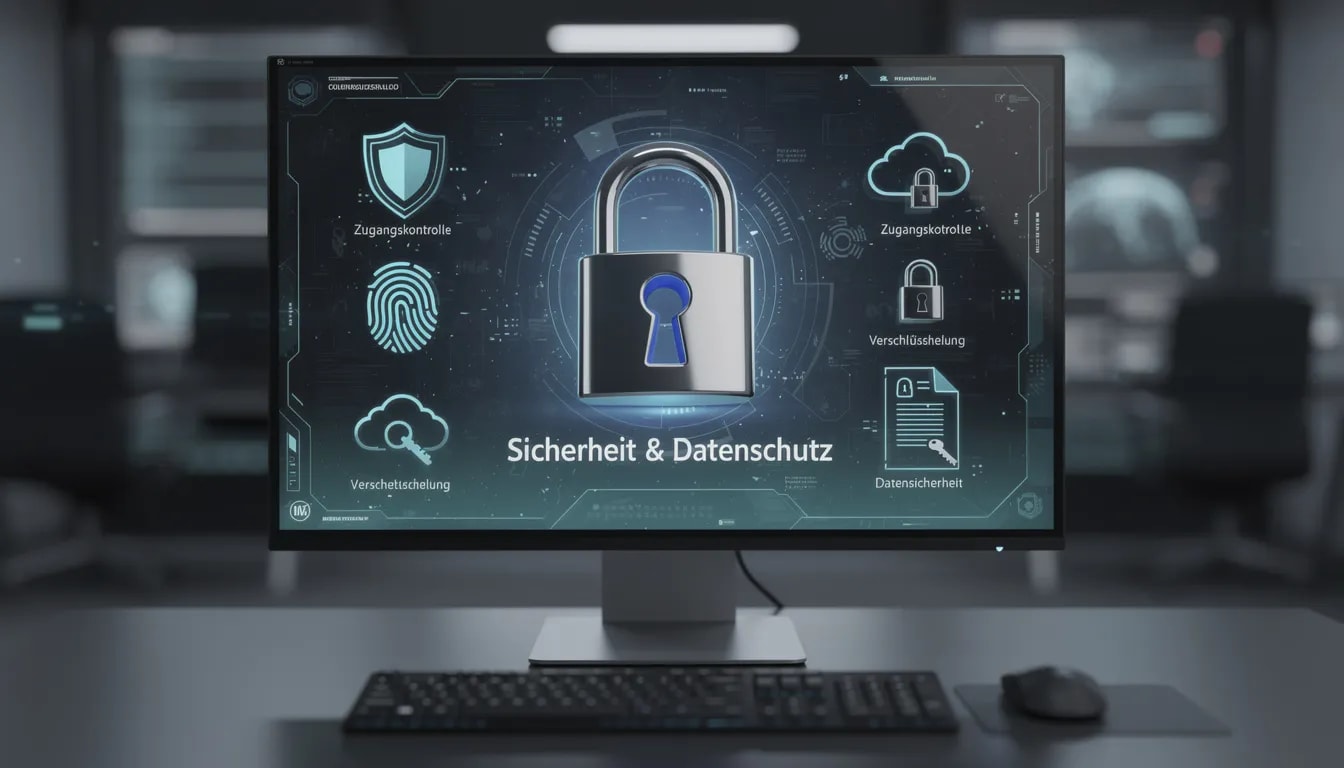 Auf dem Computer-Bildschirm sind ein Sicherheitsschloss und verschiedene Datenschutz-Symbole zu sehen, die für die Sicherheit und den Spielerschutz im Online-Glücksspiel stehen. Diese Symbole verdeutlichen die Wichtigkeit von Sicherheit und Datenschutz in Online-Casinos ohne Lugás, um ein sicheres Spielerlebnis zu gewährleisten.