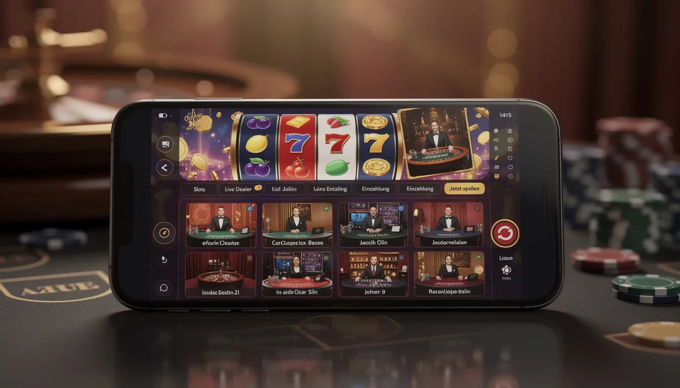 Ein Smartphone zeigt ein Casino-Interface mit verschiedenen Slot-Spielen und Live-Dealer-Spielen, das für Spieler von online Casinos ohne lugas gestaltet ist. Die Benutzeroberfläche bietet eine Vielzahl von Spielmöglichkeiten und Aktionen, die das Spielerlebnis im Live Casino verbessern.