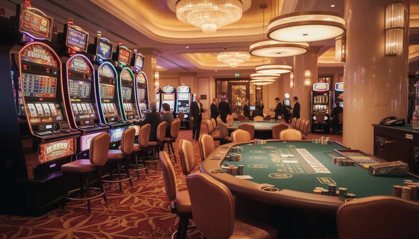 Das Bild zeigt ein elegantes Casino mit bunten Spielautomaten und stilvollen Kartentischen, die ein einladendes Spielerlebnis bieten. In dieser Umgebung können Besucher spannende Live-Spiele genießen und sich in den besten Casinos ohne Oasis vergnügen.