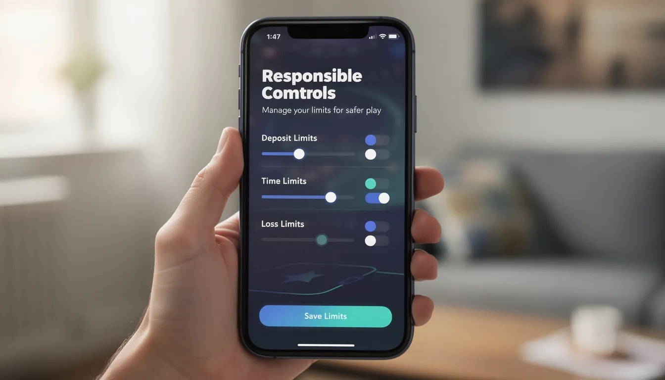 Auf dem Bildschirm eines mobilen Geräts sind die Funktionen für verantwortungsbewusstes Spielen abgebildet, einschließlich Einstellungen für Einsatzlimits und Spielpausen. Diese Optionen sind wichtig für Spieler in Online-Casinos ohne Oasis, um ein sicheres Spielerlebnis zu gewährleisten.