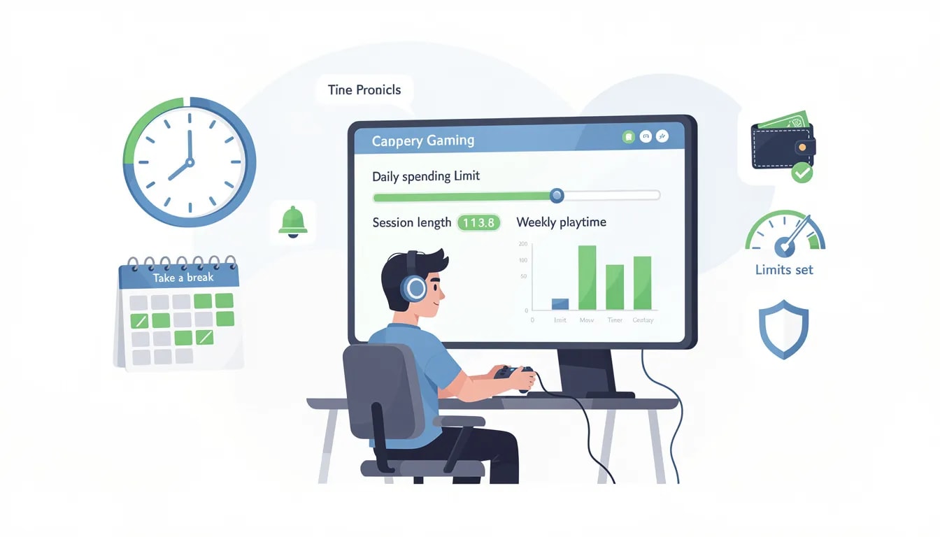 Das Bild zeigt eine grafische Darstellung der Konzepte für verantwortungsvolles Spielen, einschließlich Limitkontrollen und Zeitmanagement-Tools. Diese Elemente sind wichtig für Spieler in Online-Casinos, um ihr Spielverhalten zu regulieren und ein sicheres Spielerlebnis zu gewährleisten.