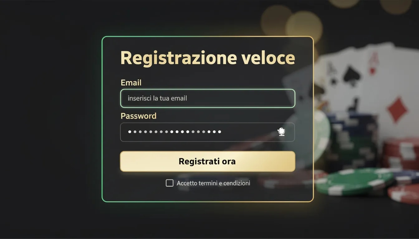 L'immagine mostra l'interfaccia di registrazione veloce di un casinò online, con campi per inserire l'email e la password. Questa piattaforma offre la possibilità di registrarsi senza invio di documenti, facilitando l'accesso ai giochi e ai bonus per i giocatori.