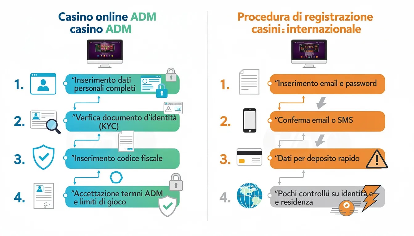 L'immagine mostra un confronto visivo tra la procedura di registrazione per un casino internazionale e quella per l'ADM, evidenziando le differenze nei requisiti di verifica dei documenti e le opzioni disponibili per i giocatori, come i casinò online senza invio documenti. Si notano elementi come il codice fiscale e le modalità di accesso ai bonus, rendendo chiaro il processo di registrazione per gli utenti.