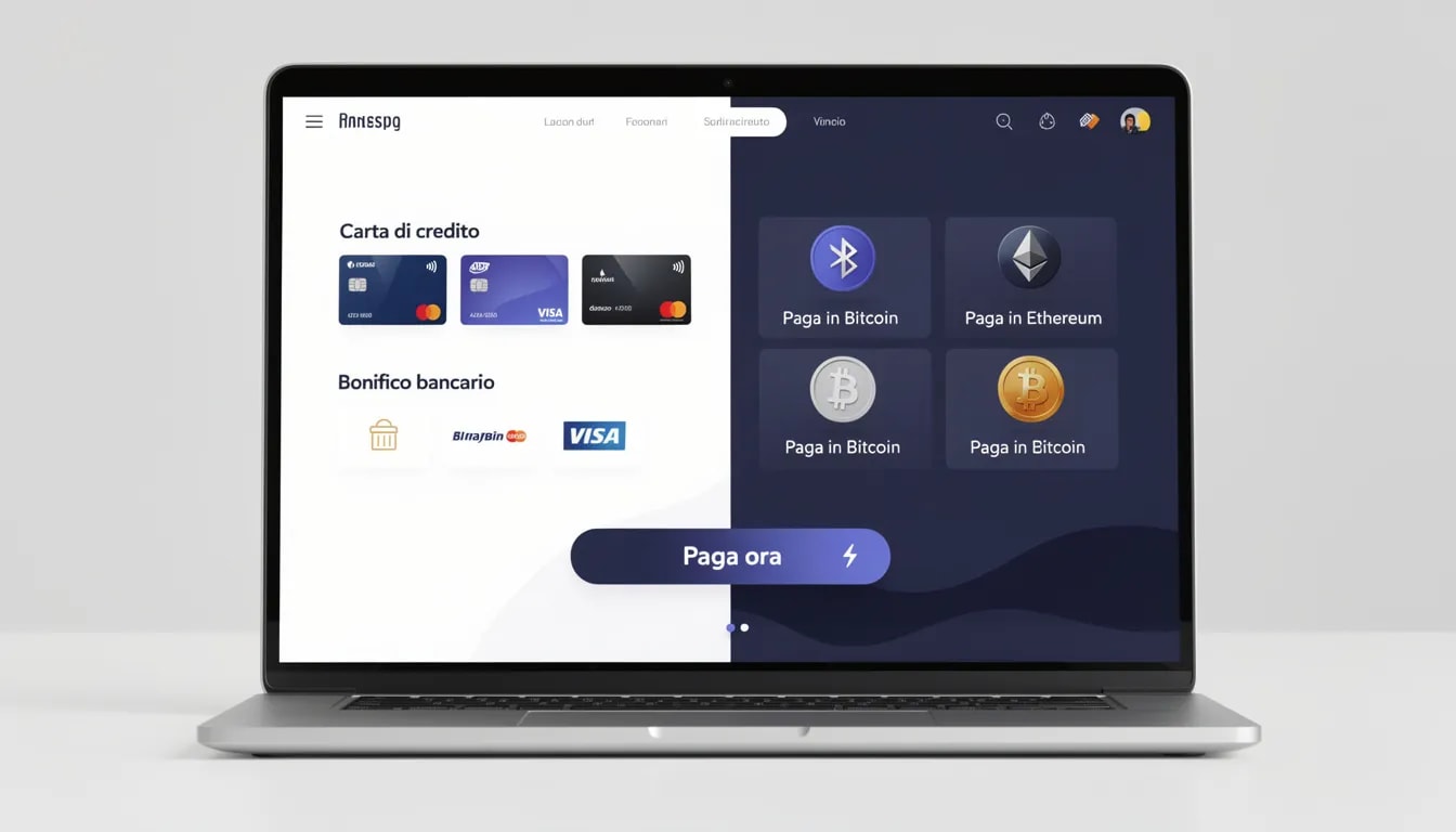 L'immagine mostra un'interfaccia di pagamento veloce, con diverse opzioni per transazioni in criptovalute e metodi tradizionali, ideale per i giocatori nei casinò online senza documenti. Le opzioni includono carte di credito e portafogli elettronici, facilitando depositi e prelievi senza necessità di verifica dei documenti.
