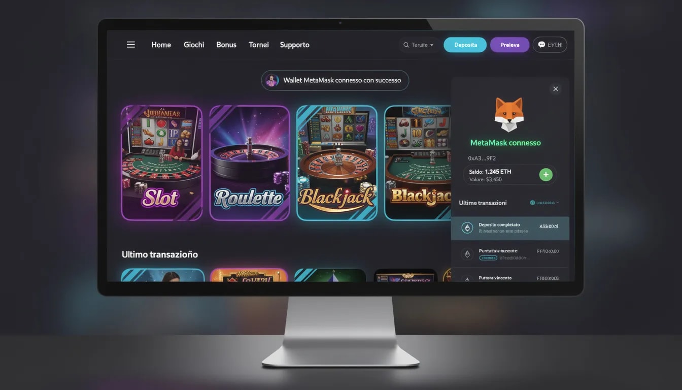 L'immagine mostra l'interfaccia di un casinò online con wallet MetaMask connesso, evidenziando opzioni di gioco e scommesse sportive. I giocatori possono accedere facilmente a bonus e promozioni, senza necessità di inviare documenti per la registrazione.