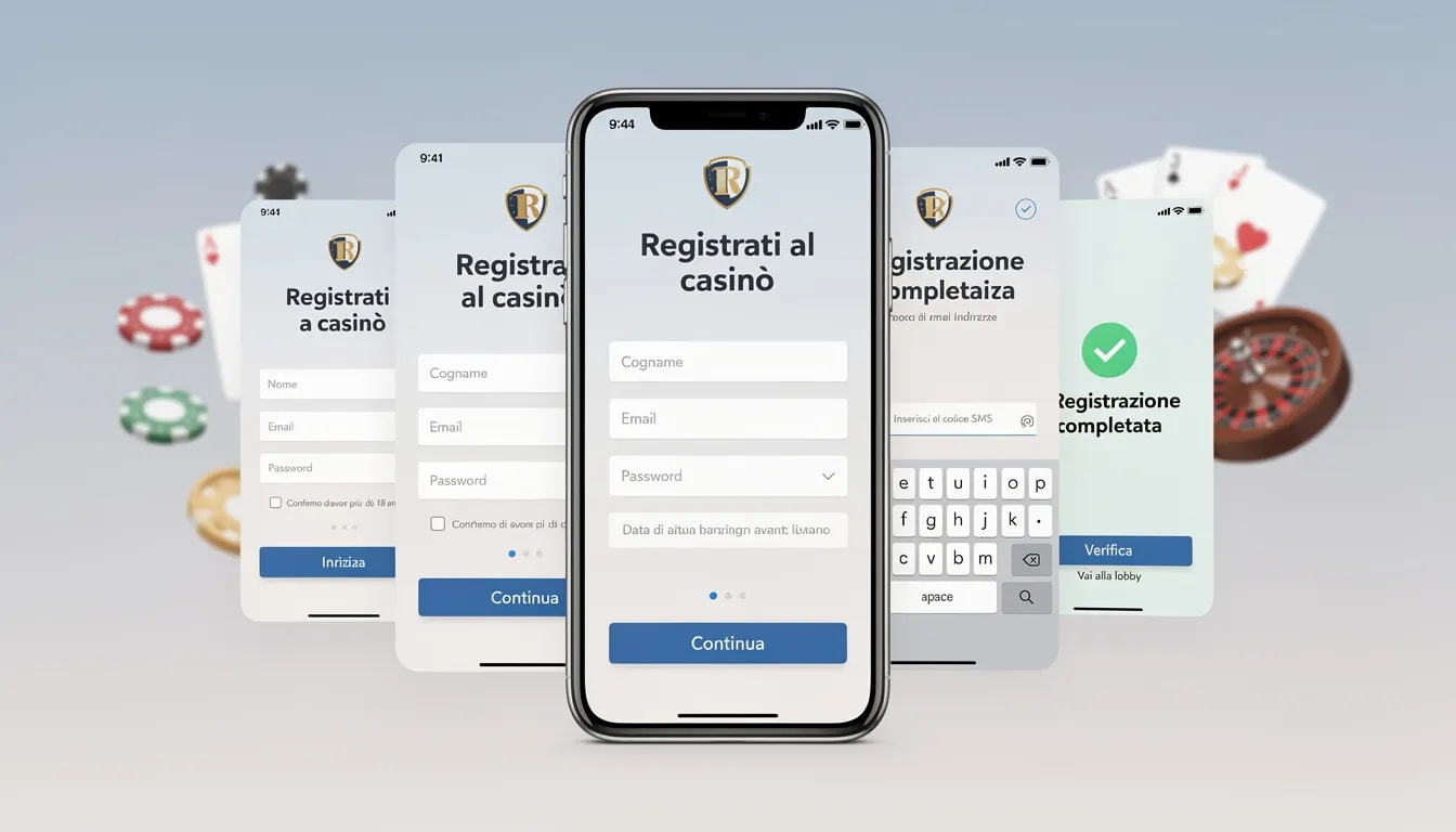 Un'immagine che illustra il processo di registrazione step-by-step su un casinò mobile, evidenziando le fasi come l'inserimento dell'email, la scelta del bonus di benvenuto e l'accesso ai giochi senza invio di documenti. Questo processo è pensato per i giocatori italiani che cercano casinò online senza verifica dei documenti.