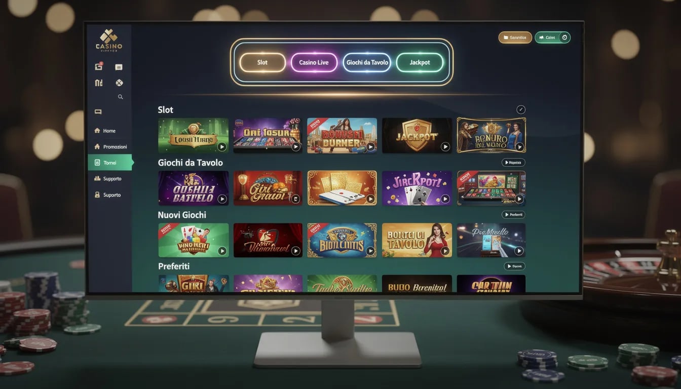 L'immagine mostra la lobby di un casinò online, con diverse categorie di giochi organizzate in modo chiaro, tra cui slot machine e giochi da tavolo. È un ambiente virtuale pensato per i giocatori italiani, con opzioni di accesso senza verifica dei documenti e promozioni vantaggiose.