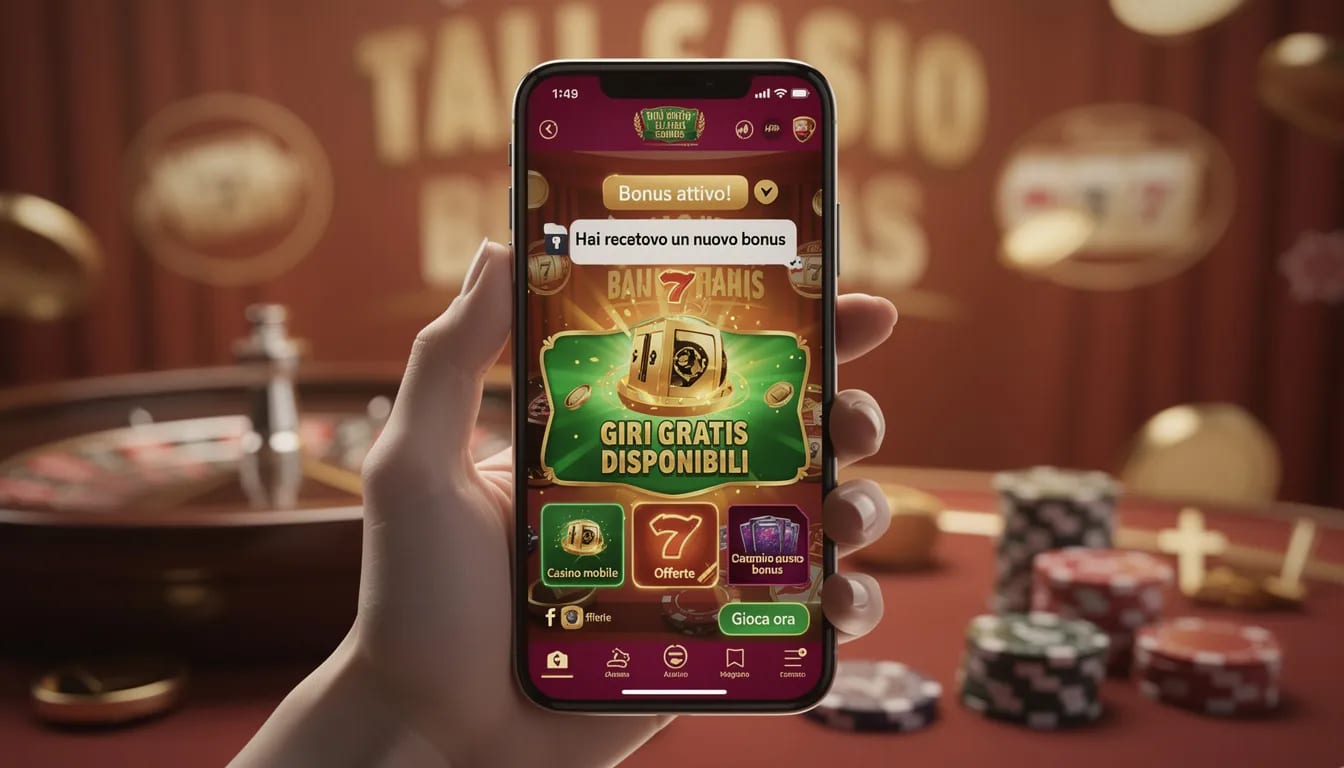 L'immagine mostra un'interfaccia di un casinò mobile con notifiche che annunciano bonus attivi e giri gratis per i giocatori. Si possono notare simboli di slot machine e offerte di gioco, evidenziando l'accessibilità del casino online senza documenti.