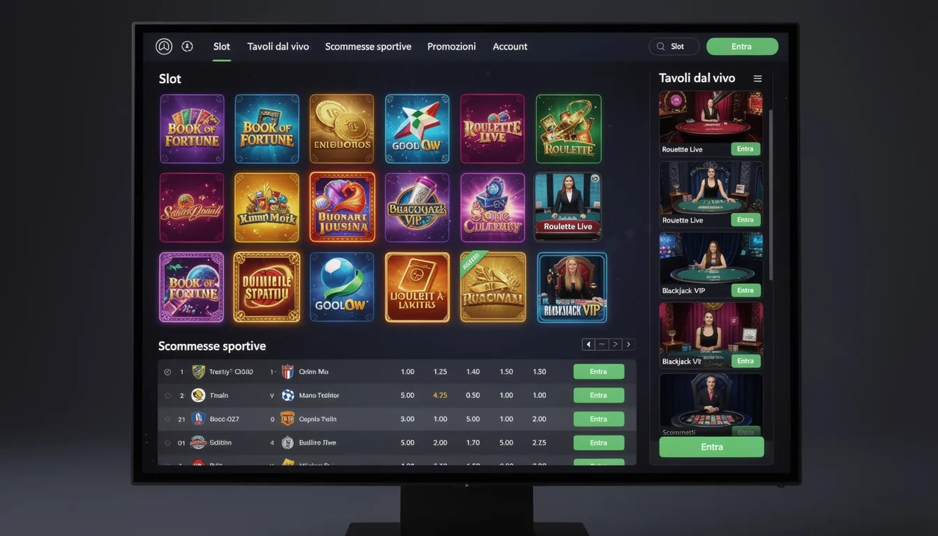 L'immagine mostra l'interfaccia moderna di un casinò online, con chiare sezioni dedicate a slot machine, tavoli dal vivo e scommesse sportive, offrendo agli utenti una vasta gamma di giochi e opzioni di intrattenimento. L'aspetto è progettato per garantire un'esperienza di gioco sicura e divertente, con informazioni sui bonus e le licenze, come quelle della Malta Gaming Authority.