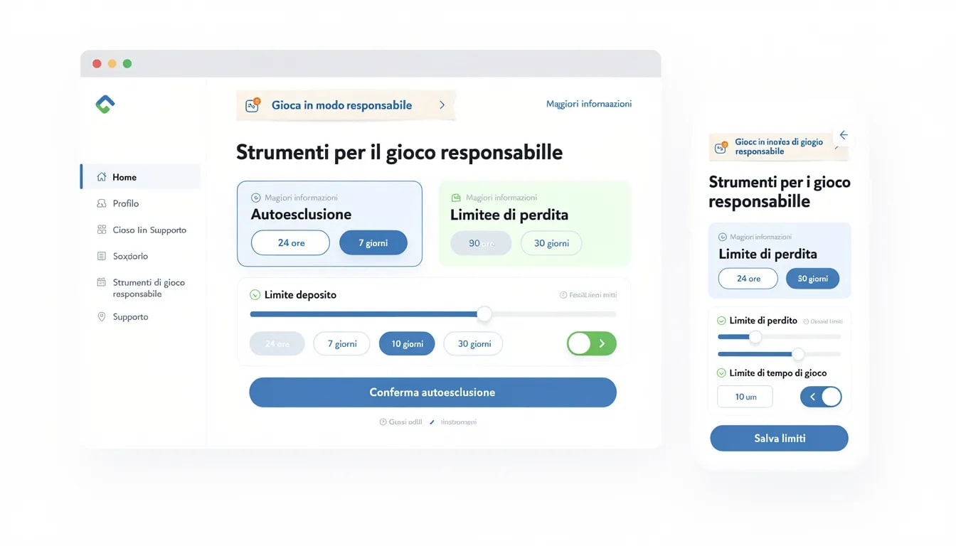L'immagine mostra un'interfaccia di strumenti per il gioco responsabile, evidenziando opzioni di autoesclusione e limiti di deposito per i giocatori. Questa piattaforma, dedicata ai casinò online stranieri, offre un ambiente sicuro e controllato per il gioco.
