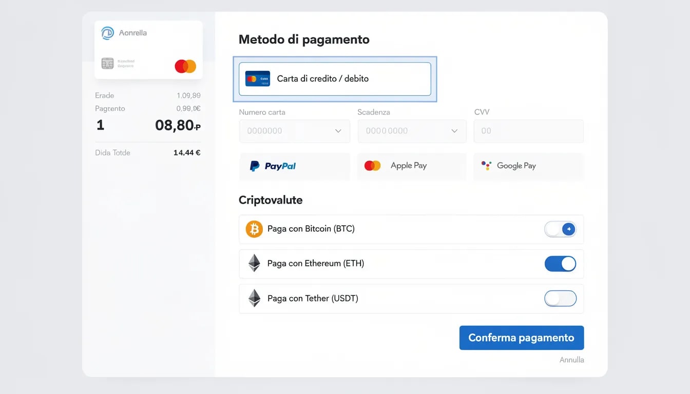Immagine che mostra una schermata di pagamento con diverse opzioni, tra cui criptovalute e portafogli elettronici, per utenti che desiderano effettuare transazioni nei casinò online stranieri. La schermata evidenzia la varietà di metodi di pagamento disponibili, rendendo l'esperienza di gioco più accessibile e sicura per i giocatori.
