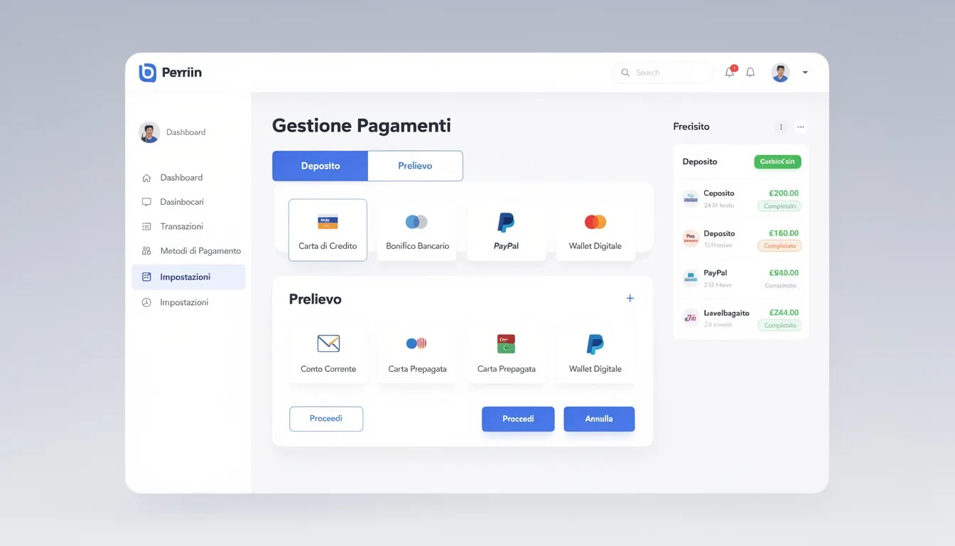 L'immagine mostra un'interfaccia di gestione dei pagamenti per un casinò online straniero, con varie opzioni di deposito e prelievo, inclusi portafogli elettronici e carte di credito. Questa piattaforma offre agli utenti la possibilità di gestire facilmente le loro transazioni, garantendo un'esperienza di gioco sicura e conveniente.
