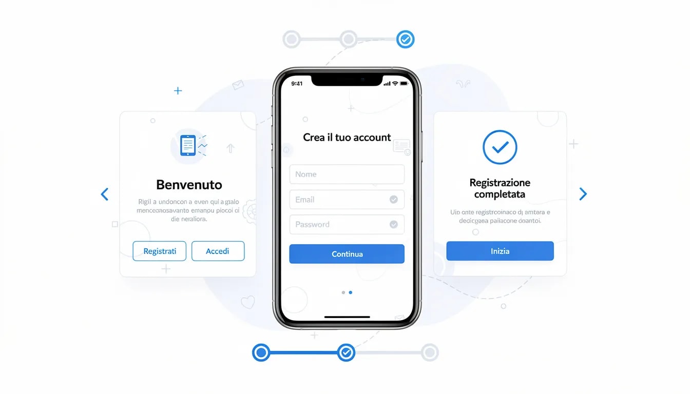 L'immagine mostra un processo di registrazione step by step su un dispositivo mobile, con un'interfaccia intuitiva che guida l'utente attraverso le varie fasi. Si possono notare elementi grafici che rappresentano i casinò online stranieri e le opzioni di gioco, rendendo l'esperienza di registrazione semplice e accessibile per i giocatori.