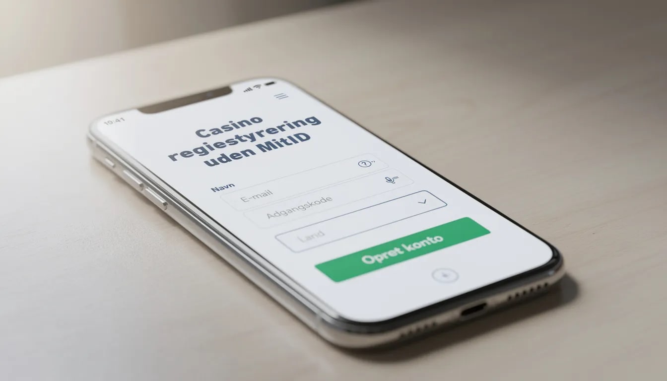 Billedet viser en moderne smartphone, der præsenterer en registreringsside for et online casino uden brug af MitID, med enkle formularfelter til indtastning af oplysninger. Dette layout er designet til at imødekomme både nye og erfarne spillere, der ønsker at tilmelde sig udenlandske casinoer.