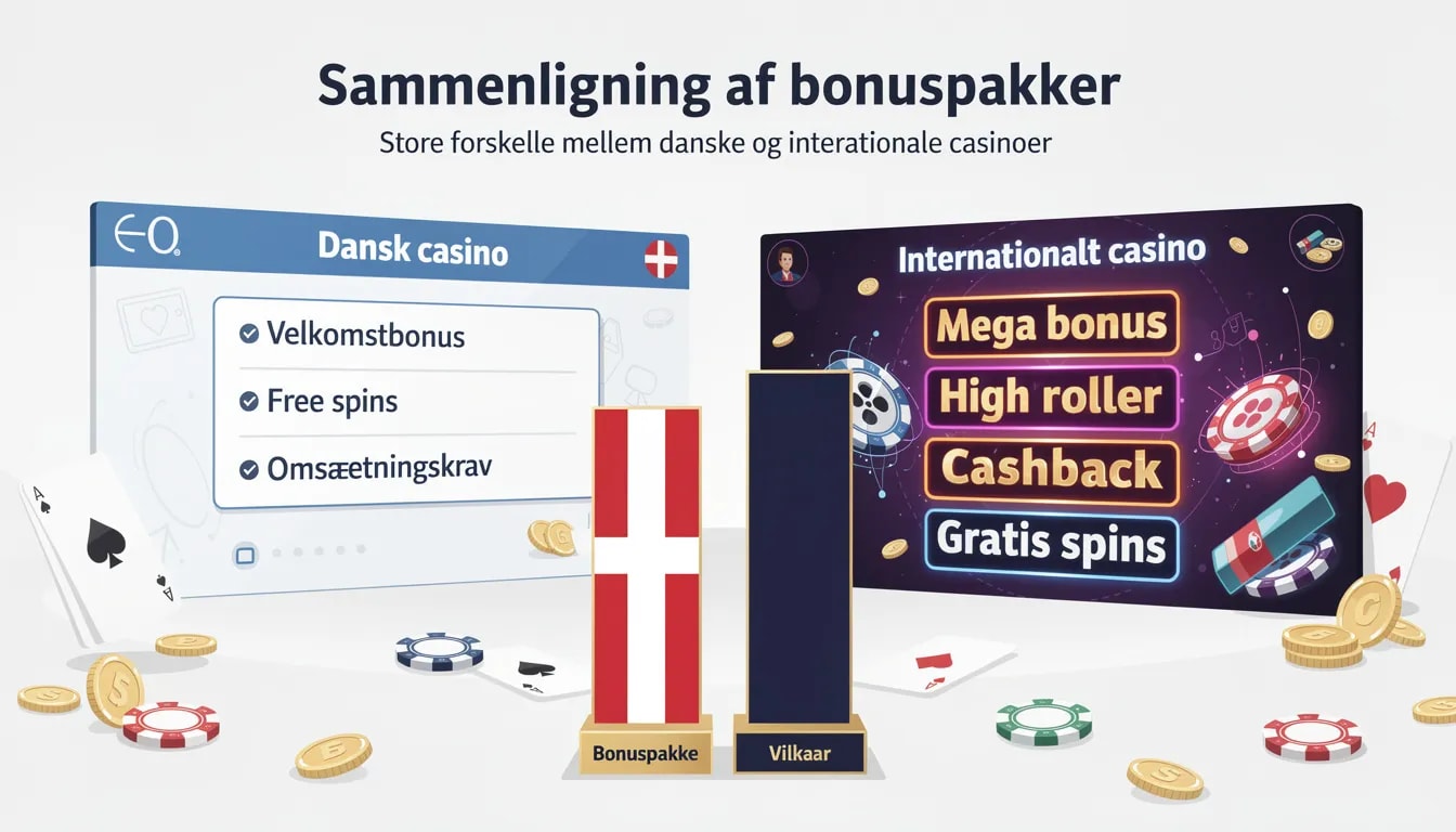 Billedet viser en grafisk sammenligning af bonuspakker fra danske og udenlandske casinoer, hvor forskellene i tilbud og kampagner fremhæves. Det illustrerer, hvordan mange danske spillere kan drage fordel af attraktive bonusser fra både danske og internationale casinoer.