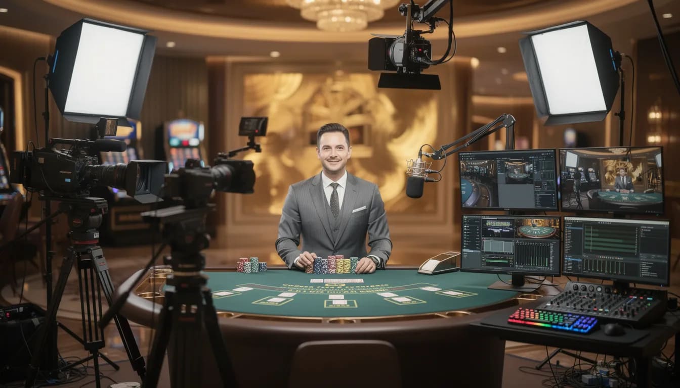 Billedet viser en professionel opsætning til live casino dealer broadcast, hvor avanceret streamingudstyr er synligt. Der er en dealer, der interagerer med spillere online, hvilket giver en autentisk oplevelse af live casino fra både danske og udenlandske casinoer.
