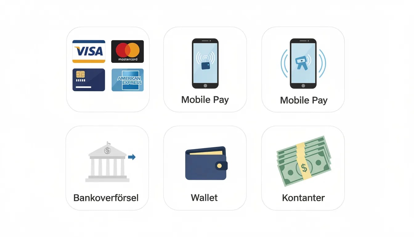 Billedet viser et overskueligt layout med forskellige ikoner for betalingsmetoder, der anvendes på online casinoer. Ikonerne repræsenterer moderne betalingsløsninger, som gør det nemt for både danske og udenlandske spillere at foretage indbetalinger og udbetalinger.