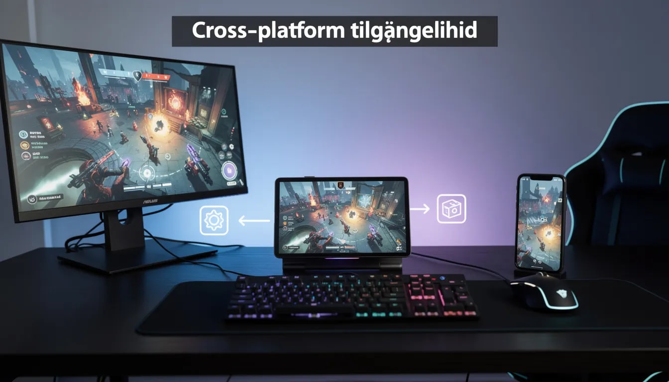 Billedet viser et moderne gaming setup med en computer, en tablet og en smartphone, der illustrerer cross-platform tilgængelighed for spillere. Dette setup er ideelt for både nye og erfarne spillere, der ønsker at tilgå online casinoer på forskellige enheder.