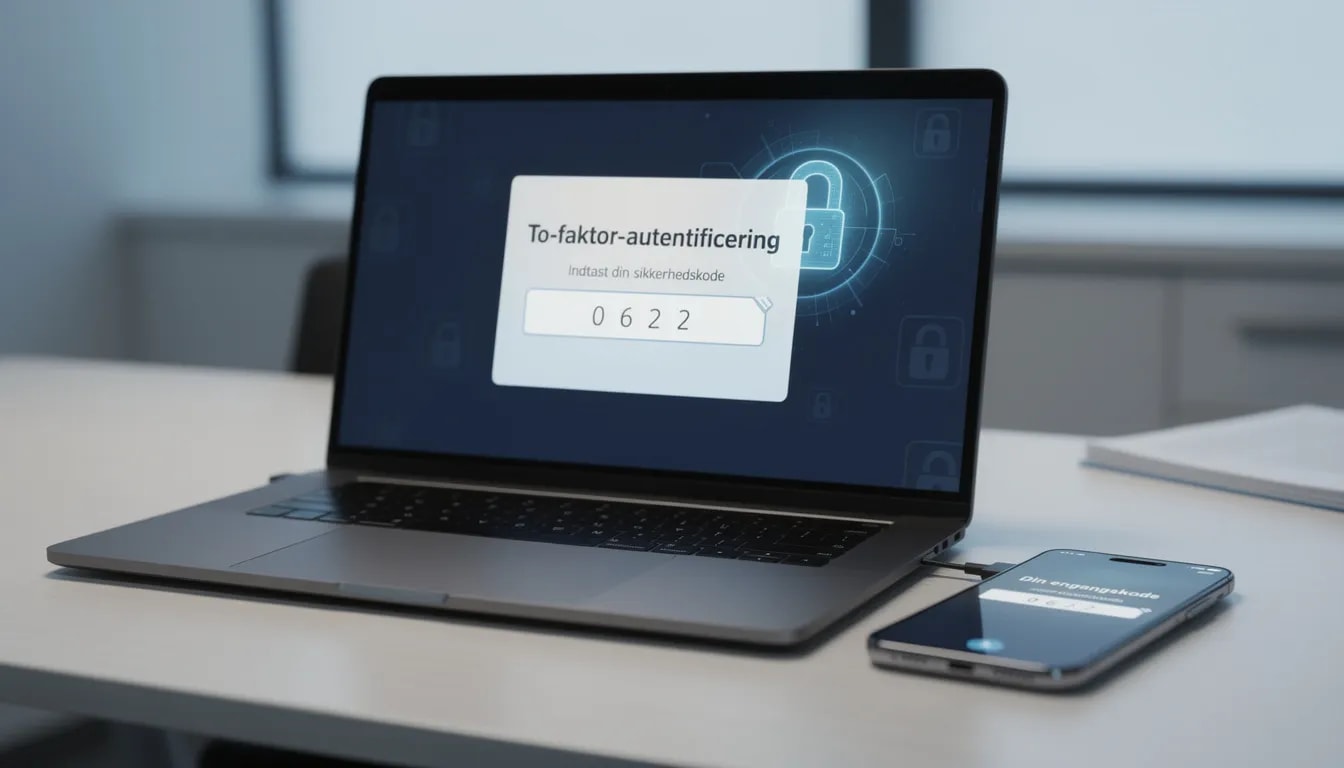 Billedet viser en computer, der viser et interface til to-faktor autentificering, hvilket sikrer en tryg spiloplevelse på online casinoer. Denne opsætning er vigtig for både danske og udenlandske casinoer, da den beskytter spillernes konti og oplysninger.
