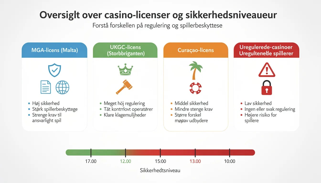 Billedet viser en oversigt over forskellige casino-lisenser og deres sikkerhedsniveauer, herunder information om både danske casinoer og udenlandske casinoer. Det illustrerer, hvordan licenser som Malta Gaming Authority og UK Gambling Commission bidrager til en tryg spiloplevelse for både nye og erfarne spillere.