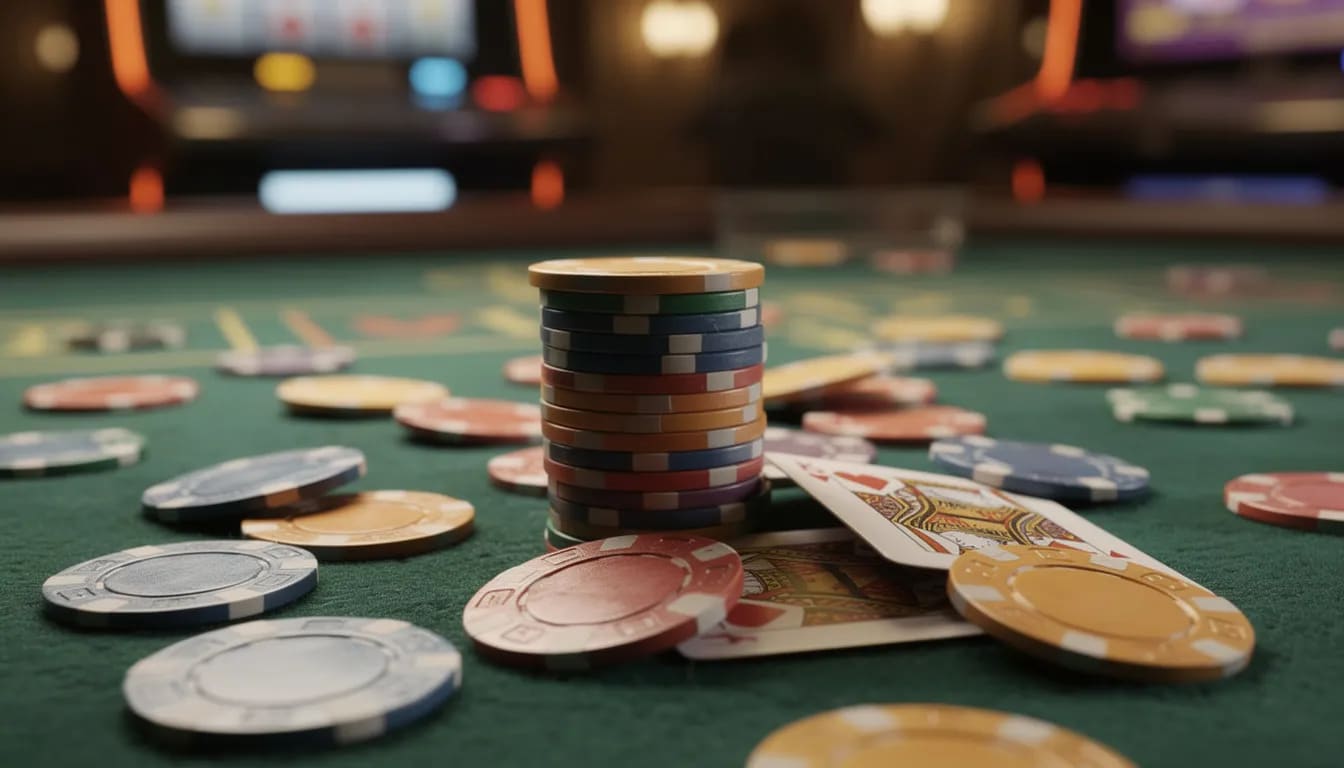 Billedet viser et spillebord dækket med farverige casino chips og kort, der er klar til at blive brugt i et spil. Det afspejler atmosfæren fra et live casino, hvor spillere kan nyde en spændende oplevelse med muligheder for at spille ansvarligt og vælge mellem mange forskellige spil.